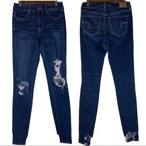 American Eagle Blue Medium Wash Distressed Hi-Rise Jegging Long Denim Jeans